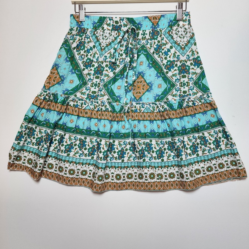 Boho Medallion Print Tiered Mini Skirt Turquoise Green Brown Small